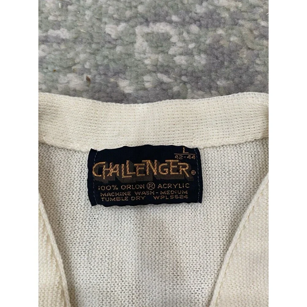 Vintage 60s 70s Sweater Mens L Turtle Logo Challenger Cream Rockabilly Cardigan